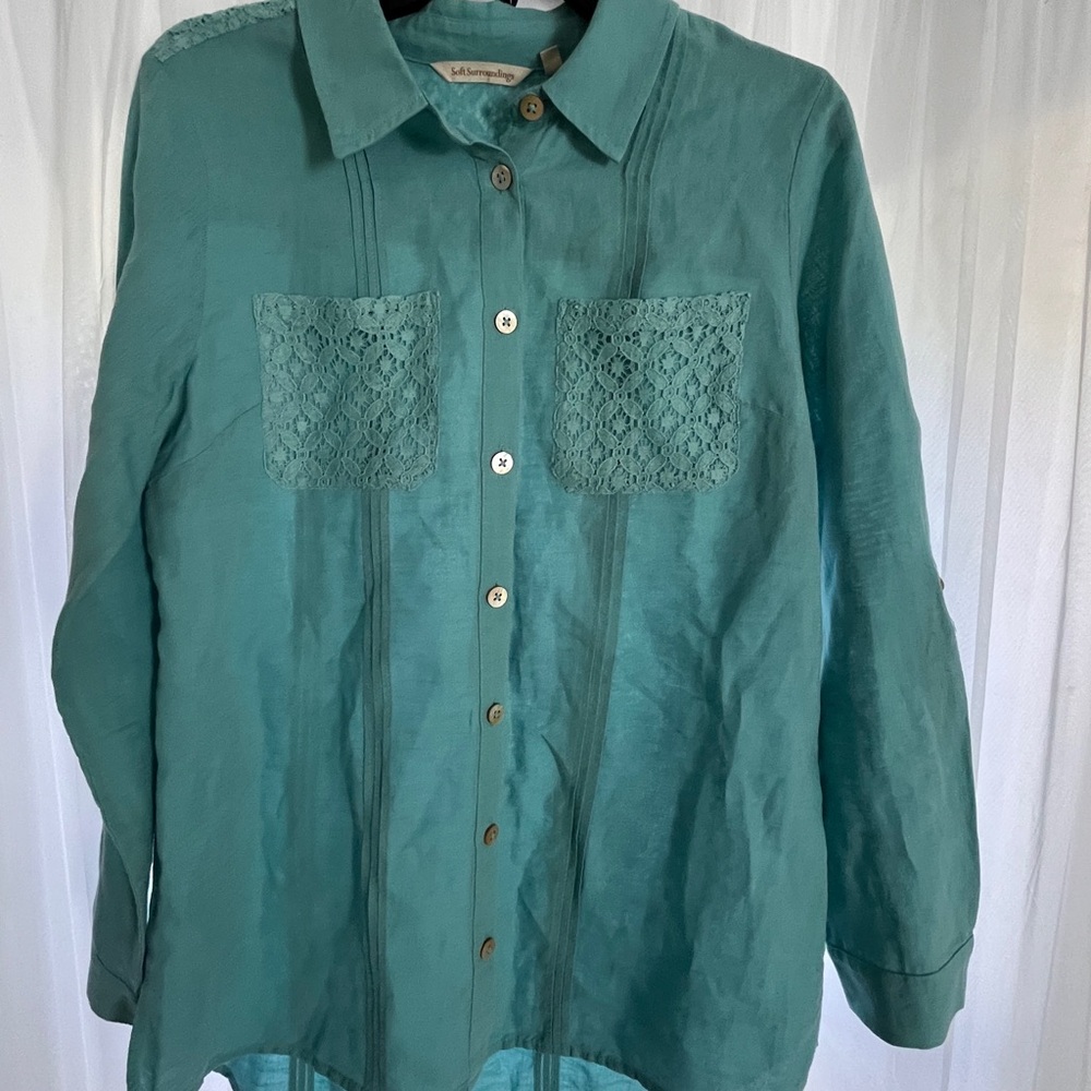 Soft Surroundings Teal Button-Up Blouse Womens small linen/cotton BEAUTIFUL